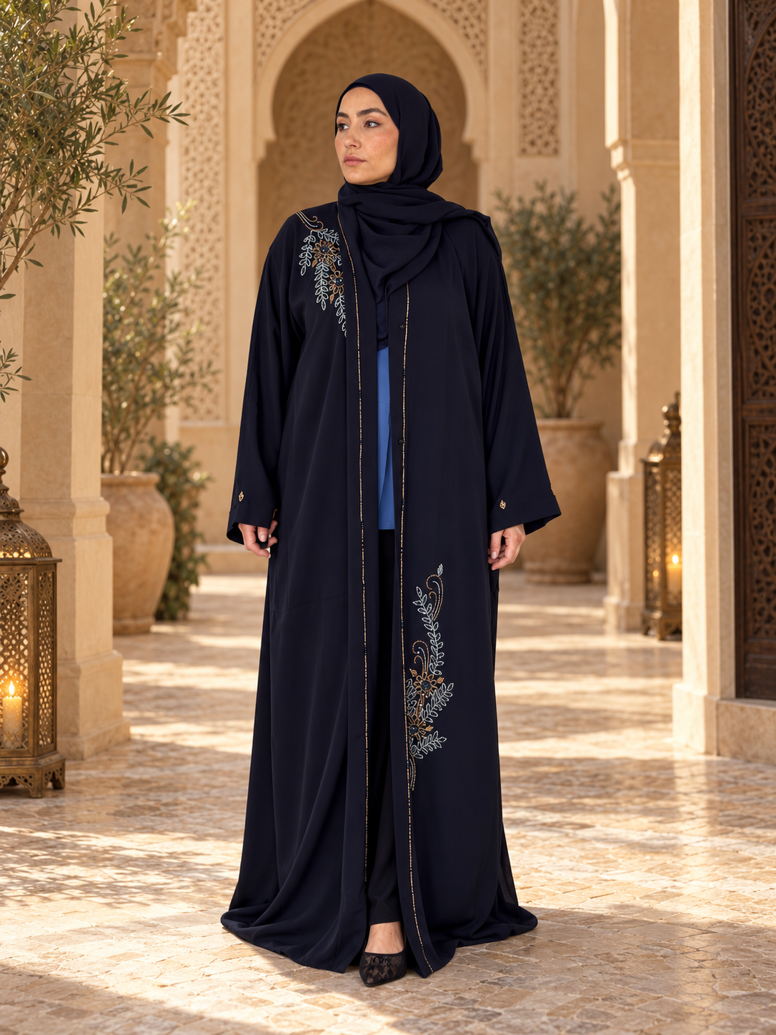 elegante abaya im maurischen innenhof elegante abaya im maurischen innenhof